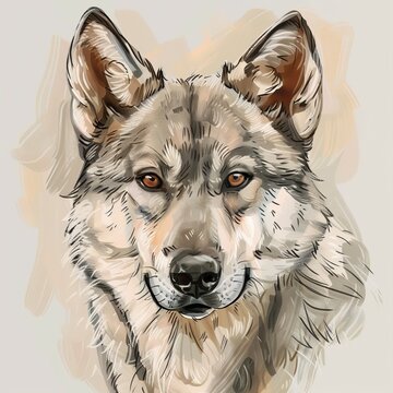 Saarloos Wolfdog on a white, cartoon water colored, front view close up portrait, sketch style