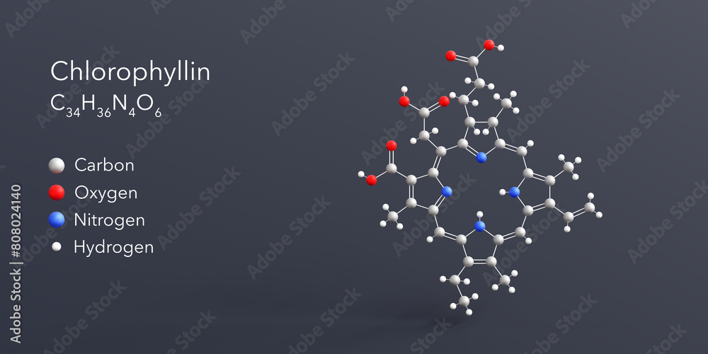 Wall mural chlorophyllin molecule 3d rendering, flat molecular structure with chemical formula and atoms color coding