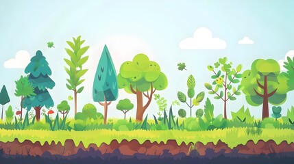 Lush Greenery in a Thriving Woodland Landscape with Playful Cartoon