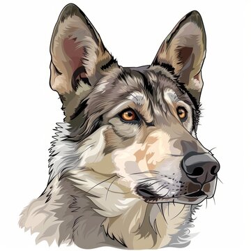 Saarloos Wolfdog on a white , cartoon colored, close up portrait, sketch style