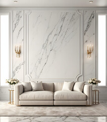 Luxury empty living room interior and white pattern and marble wall background