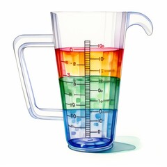 A transparent measuring cup with a handle and a scale, filled with different colored liquids.