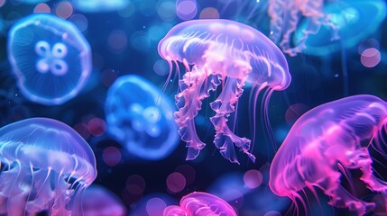 Colorful glowing Jellyfish in Underwater world illustration.