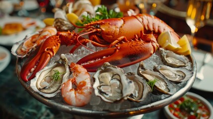 A seafood platter with lobster, shrimp, and oysters on ice, exuding freshness