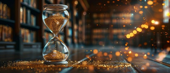 An elegant hourglass with gold particles in a serene library, denoting the timeless value of gold
