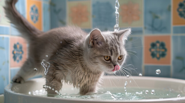 Playful grey kitten exploring water in a bathtub, intrigued by the splashing droplets with a cute tongue out