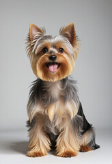 Adorable young black and brown Yorkshire Terrier puppy sitting up and smiling for the camera