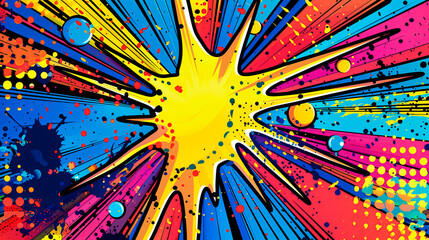 Vibrant comic style explosion with splattered paint and halftone dots.
