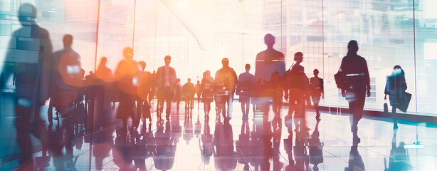 Silhouetted people move through a sunlit, modern urban business environment. Concept of careers and jobs. 
