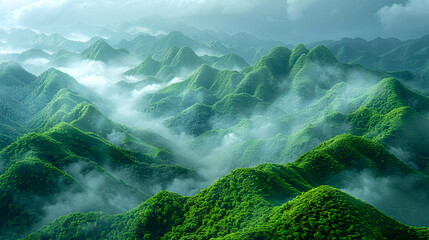 A mountain range with green mountains and fog. - Powered by Adobe