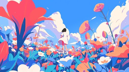A surrealistic interpretation of a flower garden, with oversized blooms and surreal colors. amazing background, anime background