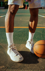 Close-up of athlete's legs with white socks and sneakers on basketball court
