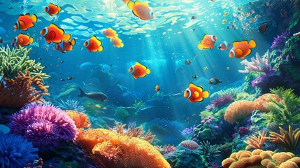 a coral reef with many colorful fish swimming around