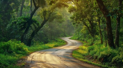 Obraz premium A serene countryside road winding through lush greenery, inviting exploration