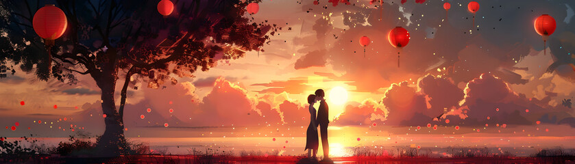 Passionate Embrace Under a Vibrant Sunset Sky