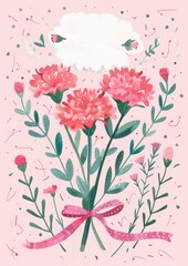 carnations bouquet ribbon card design illustration boho art, ai