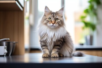 Medium shot portrait photography of a funny siberian cat investigating over modern kitchen setting