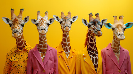 Creative animal concept. Group of giraffe in funky Wacky wild mismatch colourful outfits isolated on bright background advertisement, copy space. birthday party invite invitation banner.