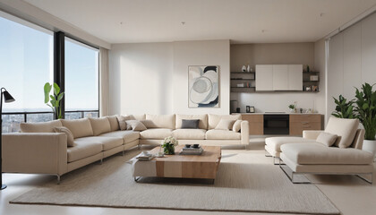 Fototapeta premium Minimalist and roomy interior design featuring contemporary white sofas and cushions in a modern living room 
