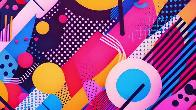 A colorful abstract composition featuring geometric shapes, dots, and lines against a contrasted backdrop.