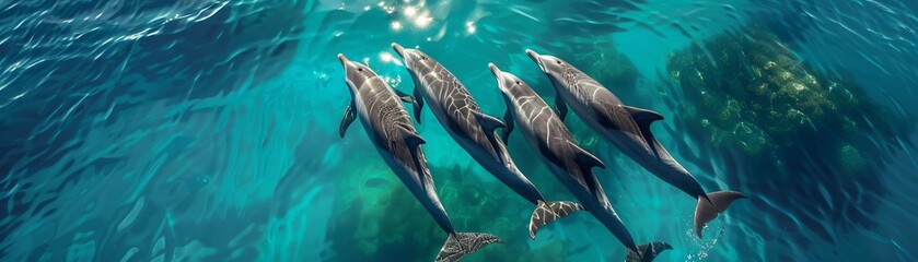 Obraz premium Aerial circle around a pod of dolphins swimming in the sunny, clear blue waters during summer