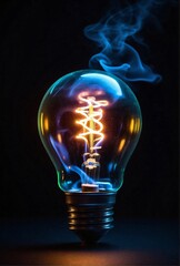 Glowing Light Bulb with Smoke on Dark Background