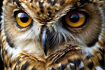 Owl on Black Background with Golden-White Feathers