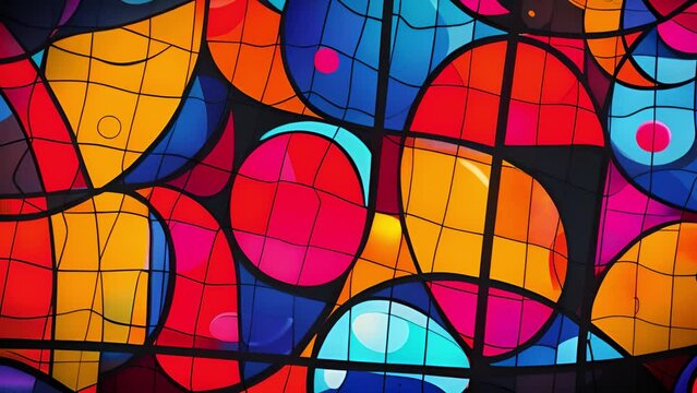 A close-up view of a vibrant, abstract stained glass window with a dynamic and colorful pattern.