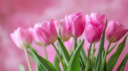 A bunch of pink tulips are in a vase with green stems, AI