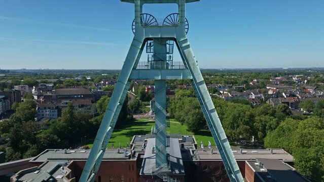 Aerial drone view of the German Mining Museum, also known as Deutsches Bergbau-Museum Bochum. This major museum showcases the history and technology of mining, featuring mineral specimens .