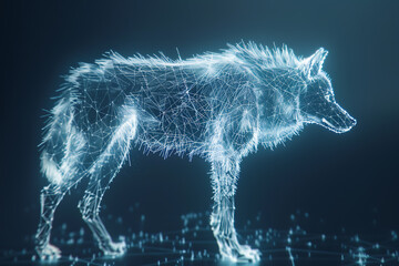 A wireframe-based visualization of a majestic wolf against a glowing translucent background, creating a captivating and ethereal atmosphere.