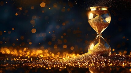 A sleek hourglass with shimmering gold dust flowing, against a dark, modern background, symbolizing the volatile gold market