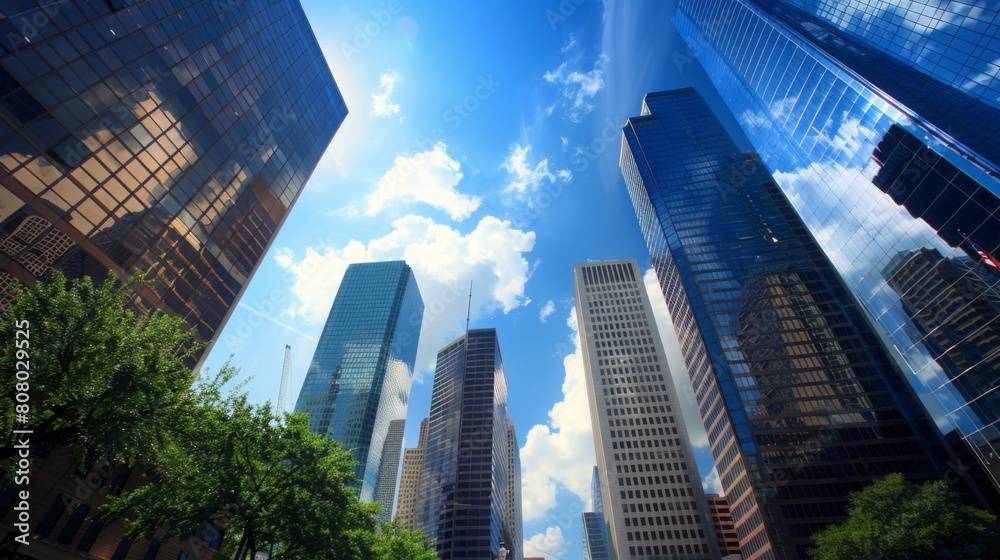 Poster a group of tall buildings standing closely next to each other in a bustling cityscape, showcasing mo