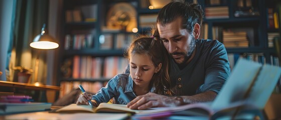 A single father teaching his daughter homework in a small, dimly lit apartment, expression of determination - obrazy, fototapety, plakaty