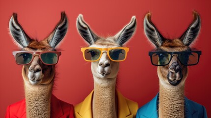 Obraz premium Llamas in Trendy Attire with Sunglasses on Red, Funny Animal Fashion Photography