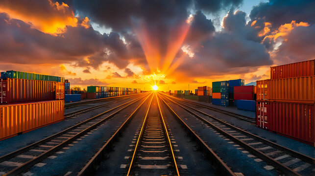 a dramatic sunset over a rail yard, where parallel tracks lead towards the glowing sun, flanked by colorful stacked shipping containers under a sky lit with fiery clouds
