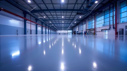 Fototapeta premium Renovated Office Warehouse with New Epoxy Resin Floor and Bright Lighting. Concept Office Renovation, Warehouse Remodel, Epoxy Resin Flooring, Bright Lighting, Interior Design