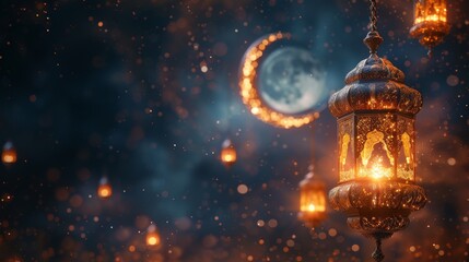 Enchanting Eid Mubarak Celebration Scene with Golden Crescent Moon and Lantern Amidst Magical Blue Night Sky. Generative AI