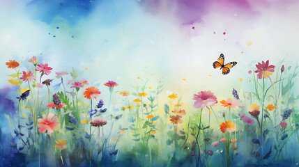 Conjure a watercolor background depicting a peaceful meadow with wildflowers and butterflies