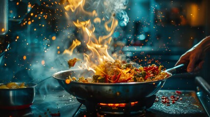 Sizzling stir-fry with vibrant vegetables creating a fiery display in a wok