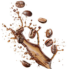 Coffee beans and coffee liquid flying, on a transparent background