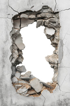 hole breaking through old grey cracked concrete wall. white background. cut out.