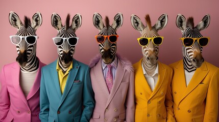 Zebras in Stylish Suits and Sunglasses, Fashion Shoot on Yellow Background