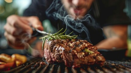 A steak enthusiast savoring a bite of perfectly cooked meat, relishing the flavor