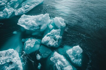 Arctic Icebergs, Soft diffused light on towering ice formations, Icebergs drifting in open sea, Aerial view from above, Shades of blue and white, Polar twilight