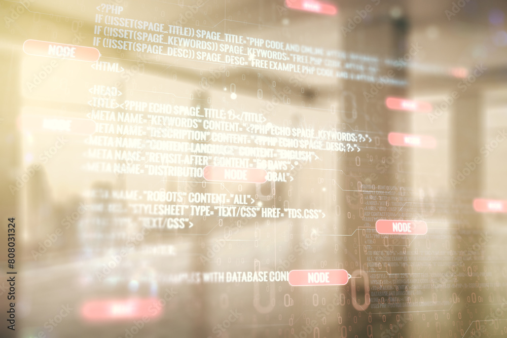 Poster multi exposure of abstract software development hologram on empty modern office background, research