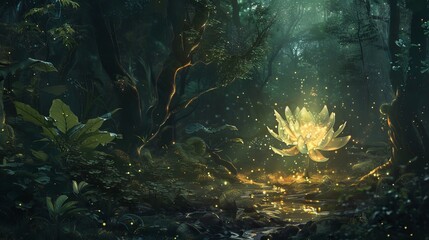 A giant blooming in a dark forest clearing, casting an ethereal glow on the surrounding foliage