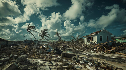 Heavily damaged house surrounded by debris and floodwater after a hurricane. Natural disaster and destruction concept.