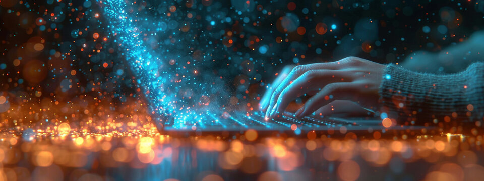 Digital Workspace: Person Working on Laptop in Densely Patterned Imagery