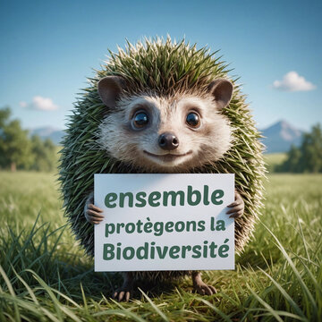 Protection de la biodiversit&eacute;, h&eacute;risson dans l'herbe qui tient une pancarte
